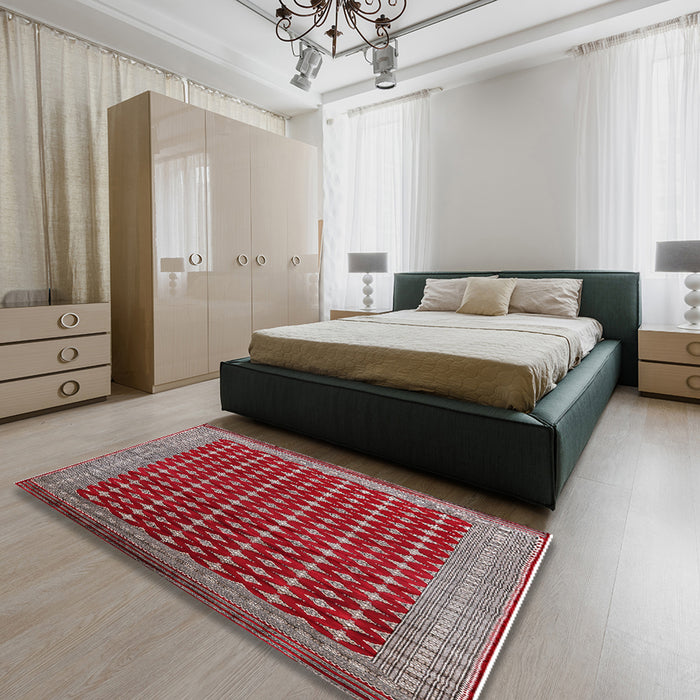 Mid-Century Modern Rosy Brown Pink Oriental Rug in a Bedroom, urb1996