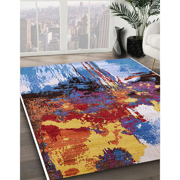 Mid-Century Modern Dark Raspberry Purple Oriental Rug in Family Room, urb2001