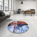 Round Mid-Century Modern Dark Raspberry Purple Oriental Rug in a Office, urb2001