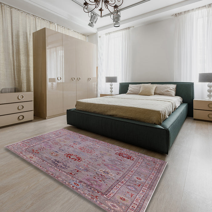 Mid-Century Modern Raspberry Purple Oriental Rug in a Bedroom, urb2004