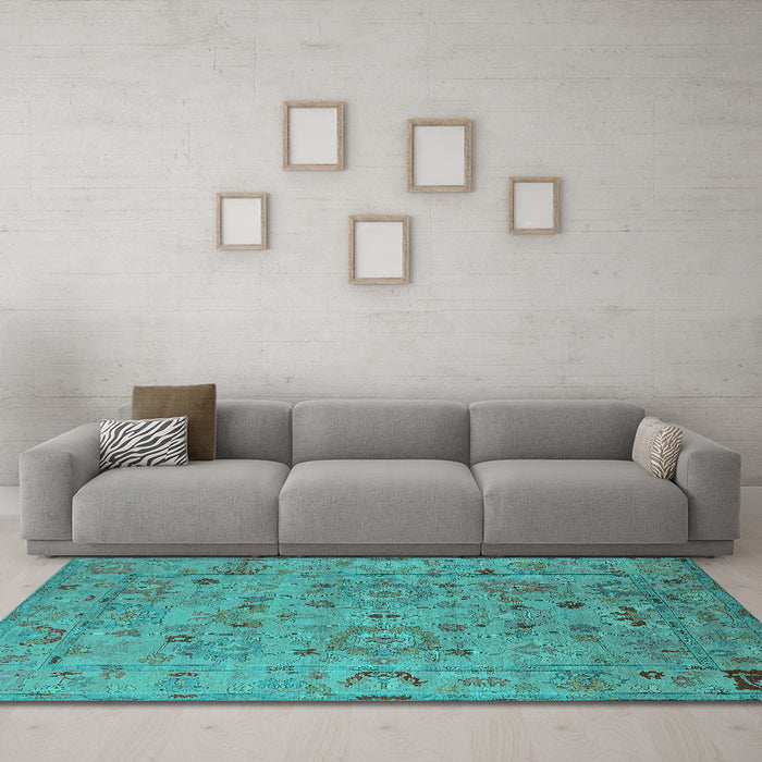 Machine Washable Oriental Turquoise Industrial Area Rugs in a Living Room,, wshurb2006turq