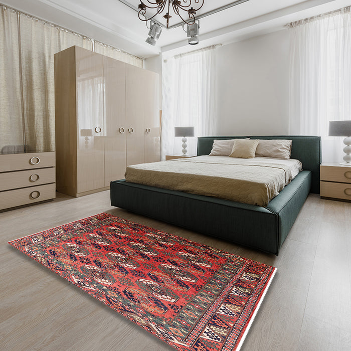 Machine Washable Industrial Modern Dark Almond Brown Rug in a Bedroom, wshurb2007