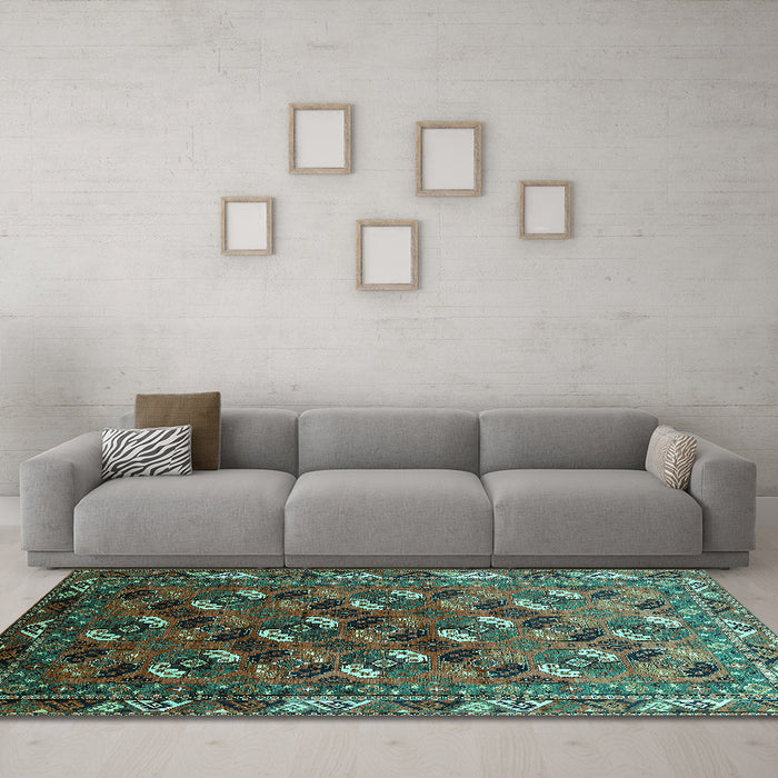 Machine Washable Oriental Turquoise Industrial Area Rugs in a Living Room,, wshurb2007turq