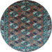 Round Machine Washable Oriental Light Blue Industrial Rug, wshurb2007lblu