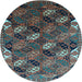 Round Machine Washable Oriental Light Blue Industrial Rug, wshurb2008lblu