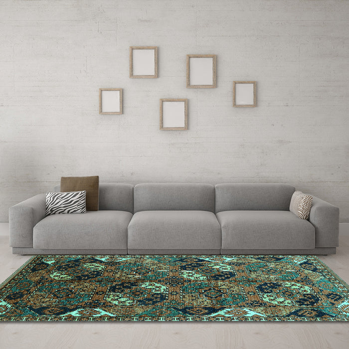 Machine Washable Oriental Turquoise Industrial Area Rugs in a Living Room,, wshurb2008turq