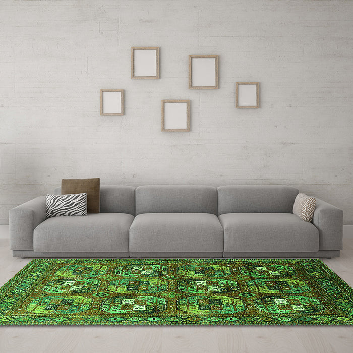 Machine Washable Oriental Green Industrial Area Rugs in a Living Room,, wshurb2009grn