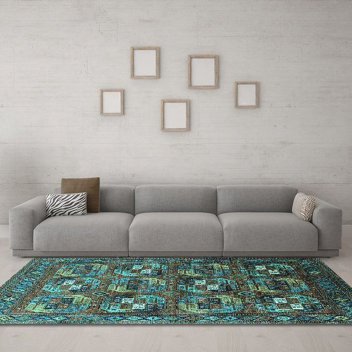 Machine Washable Oriental Turquoise Industrial Area Rugs in a Living Room,, wshurb2009turq