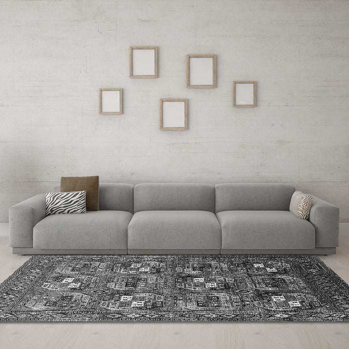 Machine Washable Oriental Gray Industrial Rug in a Living Room,, wshurb2009gry