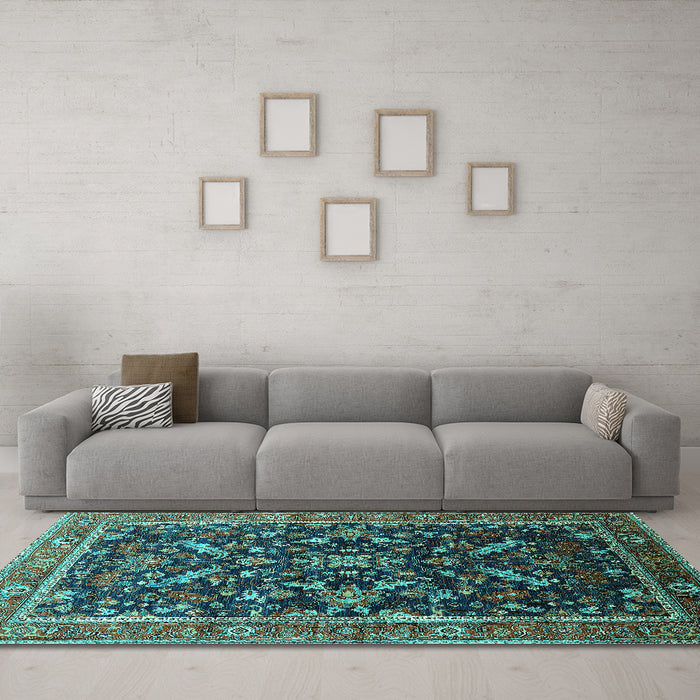 Machine Washable Oriental Turquoise Industrial Area Rugs in a Living Room,, wshurb2010turq