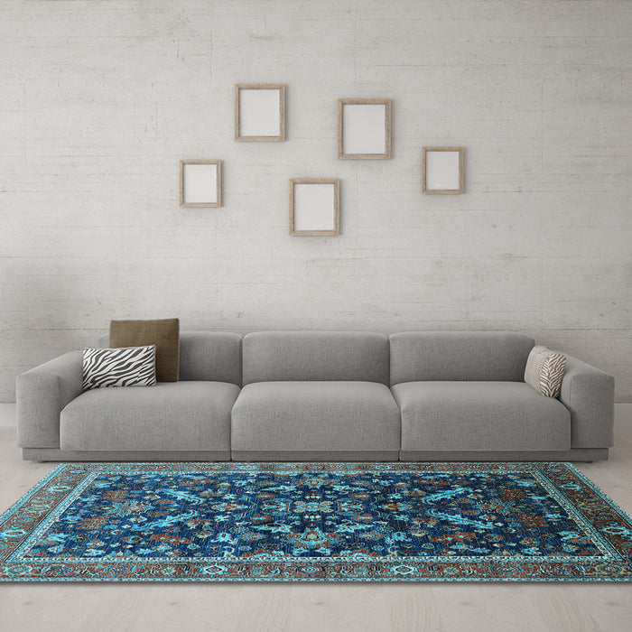 Machine Washable Oriental Light Blue Industrial Rug in a Living Room, wshurb2010lblu