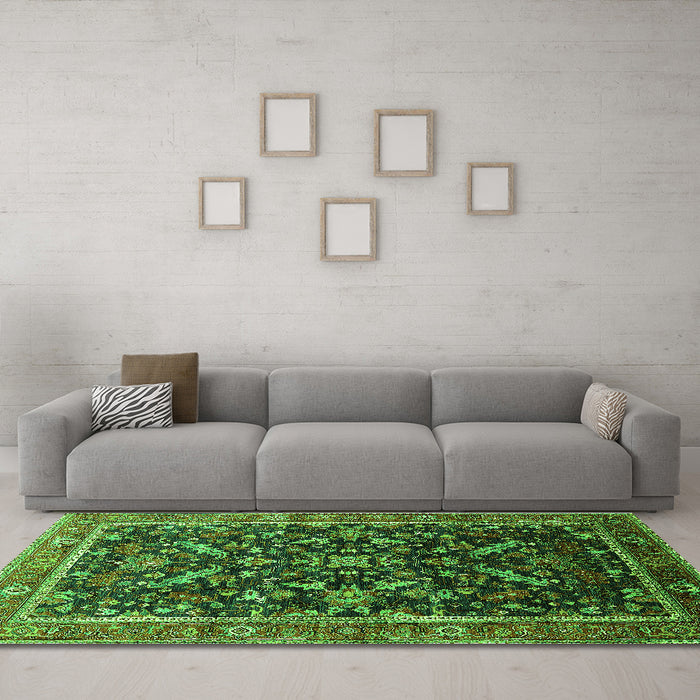 Machine Washable Oriental Green Industrial Area Rugs in a Living Room,, wshurb2010grn