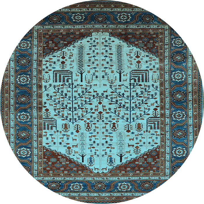 Round Machine Washable Oriental Light Blue Industrial Rug, wshurb2011lblu