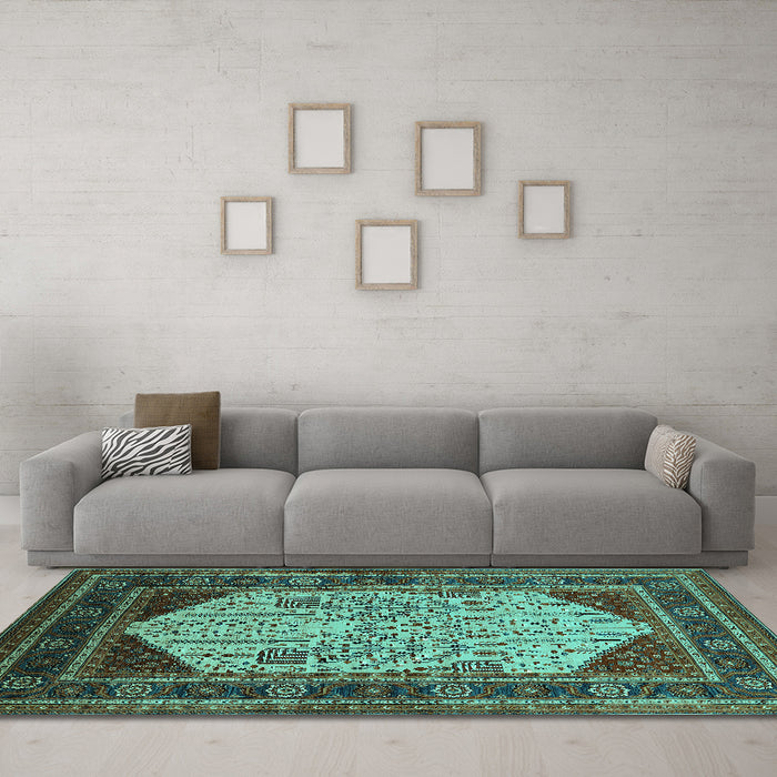 Machine Washable Oriental Turquoise Industrial Area Rugs in a Living Room,, wshurb2011turq