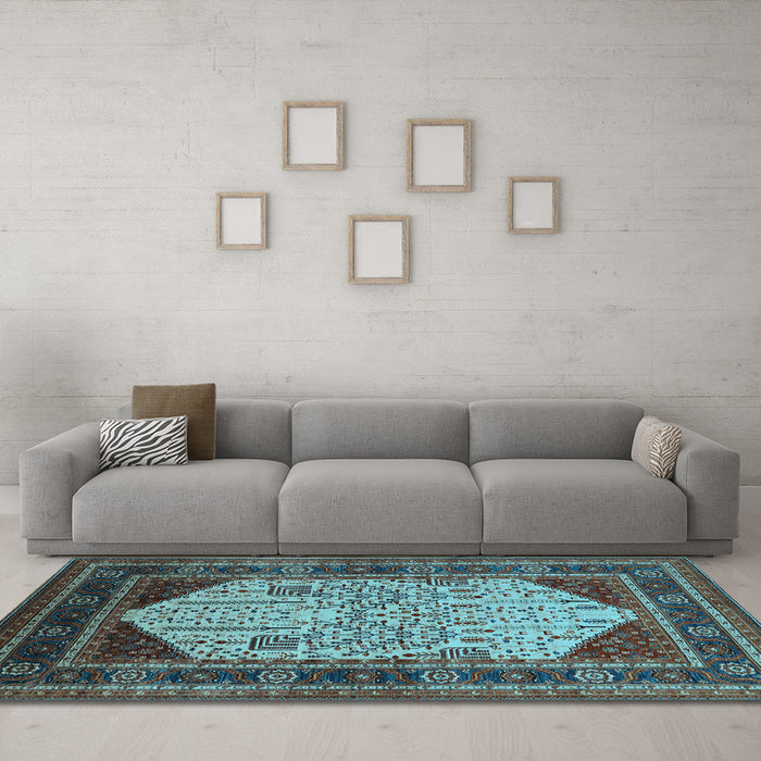 Machine Washable Oriental Light Blue Industrial Rug in a Living Room, wshurb2011lblu