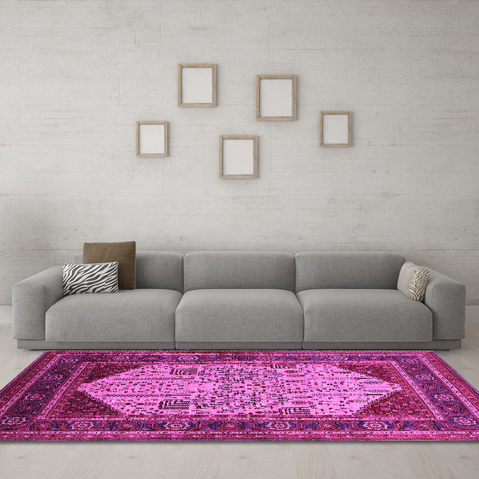 Machine Washable Oriental Pink Industrial Rug in a Living Room, wshurb2011pnk