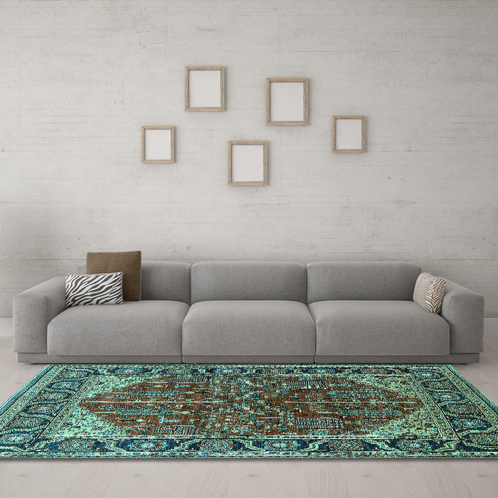 Machine Washable Oriental Turquoise Industrial Area Rugs in a Living Room,, wshurb2012turq