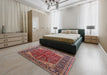 Mid-Century Modern Khaki Rose Pink Oriental Rug in a Bedroom, urb2012