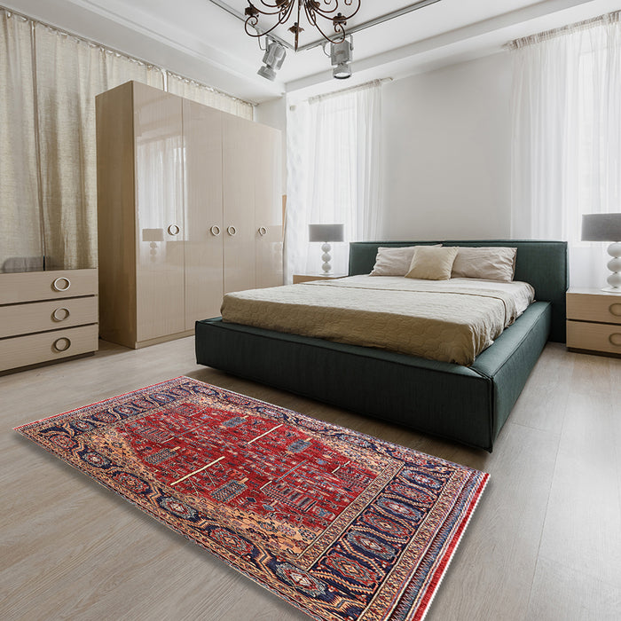 Mid-Century Modern Khaki Rose Pink Oriental Rug in a Bedroom, urb2012