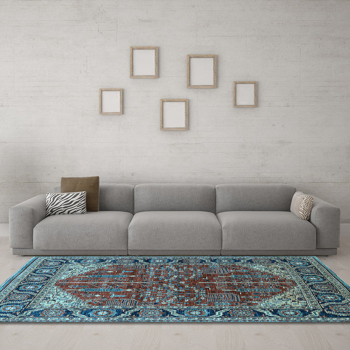 Machine Washable Oriental Light Blue Industrial Rug in a Living Room, wshurb2012lblu