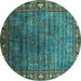 Round Machine Washable Oriental Turquoise Traditional Area Rugs, wshurb2013turq