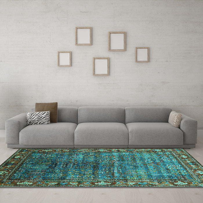 Machine Washable Oriental Turquoise Traditional Area Rugs in a Living Room,, wshurb2013turq