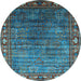 Round Machine Washable Oriental Light Blue Traditional Rug, wshurb2013lblu