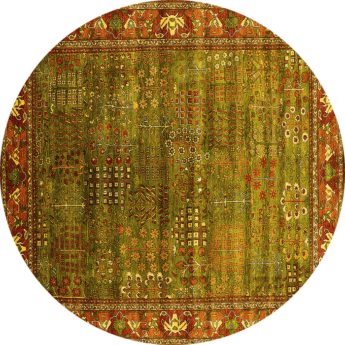Round Machine Washable Oriental Yellow Traditional Rug, wshurb2013yw
