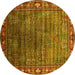 Round Machine Washable Oriental Yellow Traditional Rug, wshurb2013yw