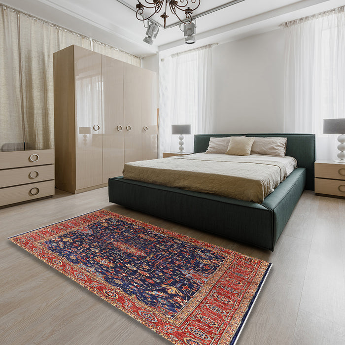 Machine Washable Industrial Modern Dark Almond Brown Rug in a Bedroom, wshurb2014