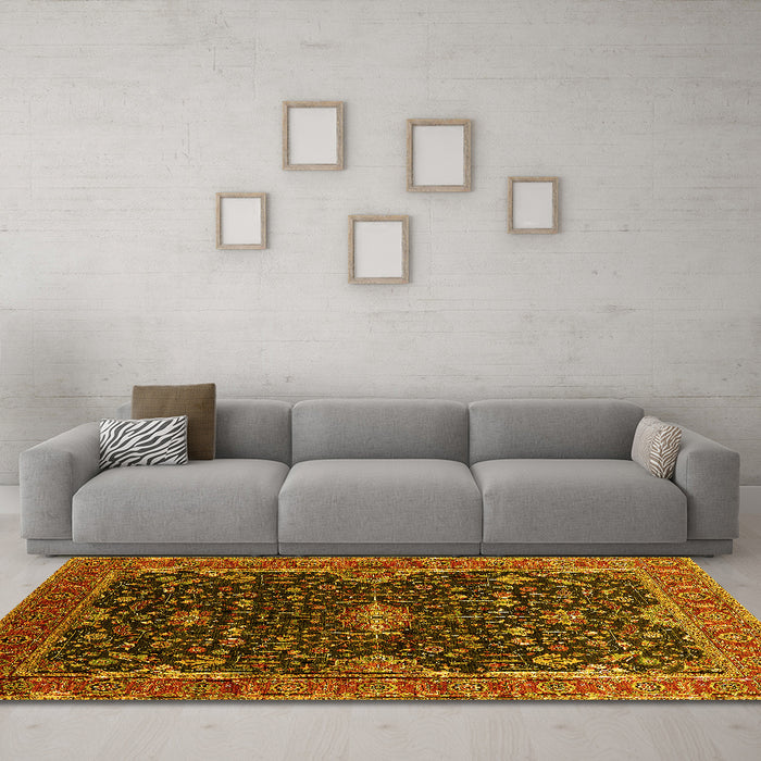 Machine Washable Oriental Yellow Traditional Rug in a Living Room, wshurb2014yw