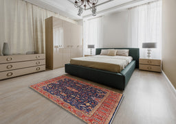 Mid-Century Modern Dark Almond Brown Oriental Rug in a Bedroom, urb2014