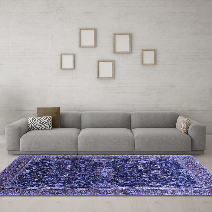 Machine Washable Oriental Blue Traditional Rug in a Living Room, wshurb2014blu