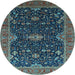 Round Machine Washable Oriental Light Blue Traditional Rug, wshurb2014lblu