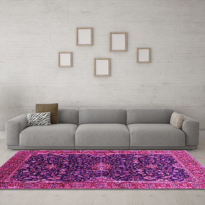 Machine Washable Oriental Pink Traditional Rug in a Living Room, wshurb2014pnk
