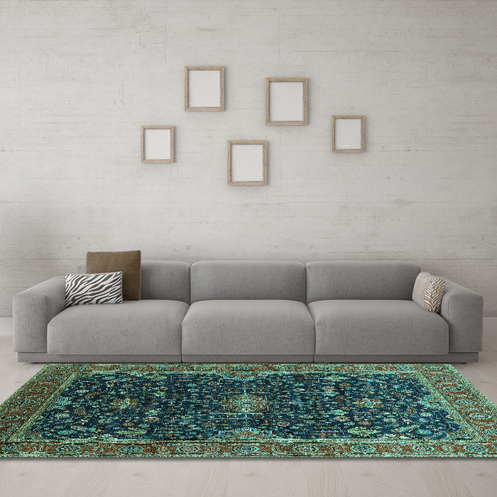 Machine Washable Oriental Turquoise Traditional Area Rugs in a Living Room,, wshurb2014turq
