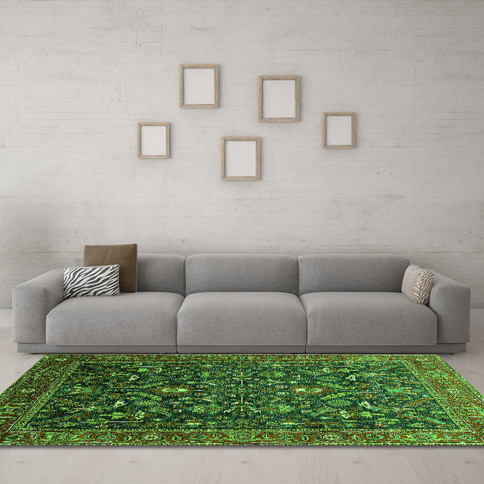 Machine Washable Oriental Green Industrial Area Rugs in a Living Room,, wshurb2015grn