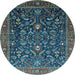 Round Machine Washable Oriental Light Blue Industrial Rug, wshurb2015lblu