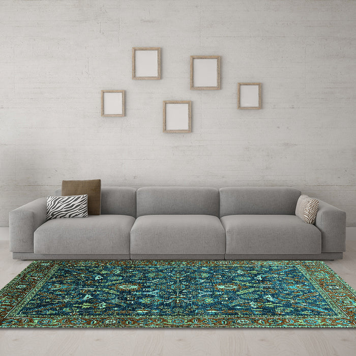 Machine Washable Oriental Turquoise Industrial Area Rugs in a Living Room,, wshurb2015turq