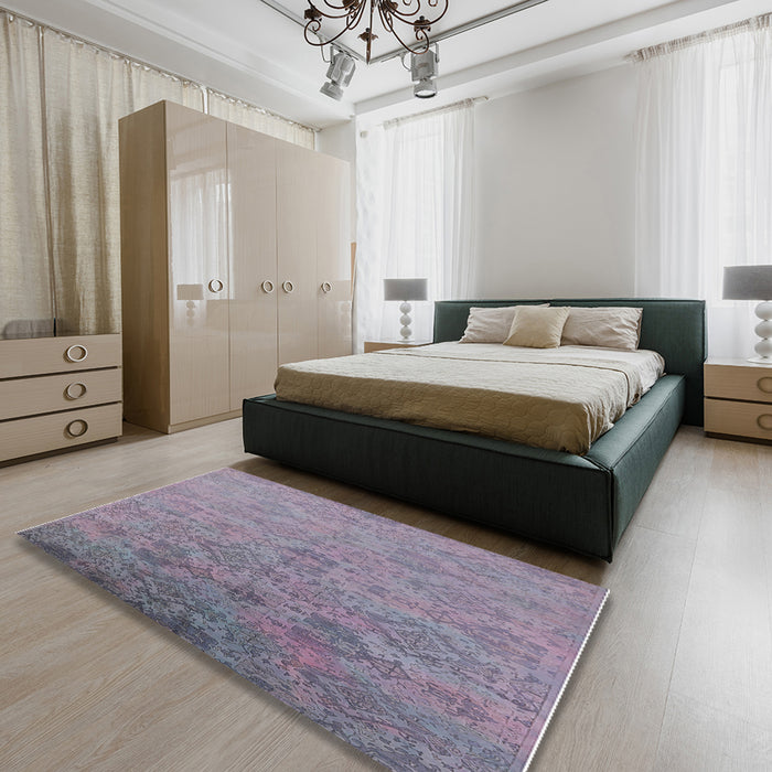 Mid-Century Modern French Lilac Purple Oriental Rug in a Bedroom, urb2019