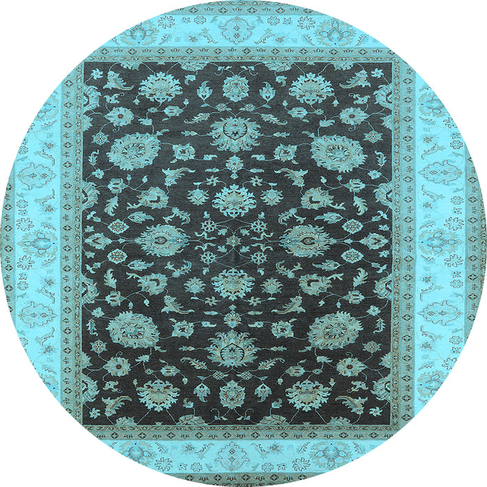 Round Machine Washable Oriental Light Blue Traditional Rug, wshurb2022lblu