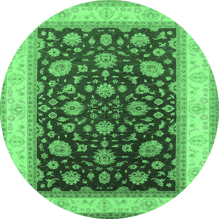 Round Machine Washable Oriental Emerald Green Traditional Area Rugs, wshurb2022emgrn