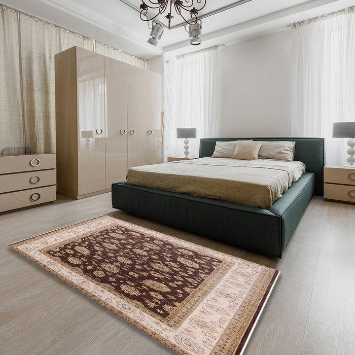 Mid-Century Modern Dark Sienna Brown Oriental Rug in a Bedroom, urb2022