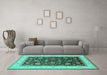 Machine Washable Oriental Turquoise Traditional Area Rugs in a Living Room,, wshurb2022turq