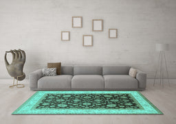Machine Washable Oriental Turquoise Traditional Area Rugs in a Living Room,, wshurb2022turq