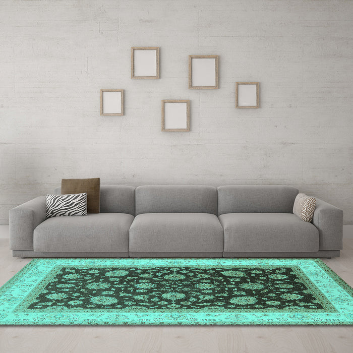 Machine Washable Oriental Turquoise Traditional Area Rugs in a Living Room,, wshurb2022turq