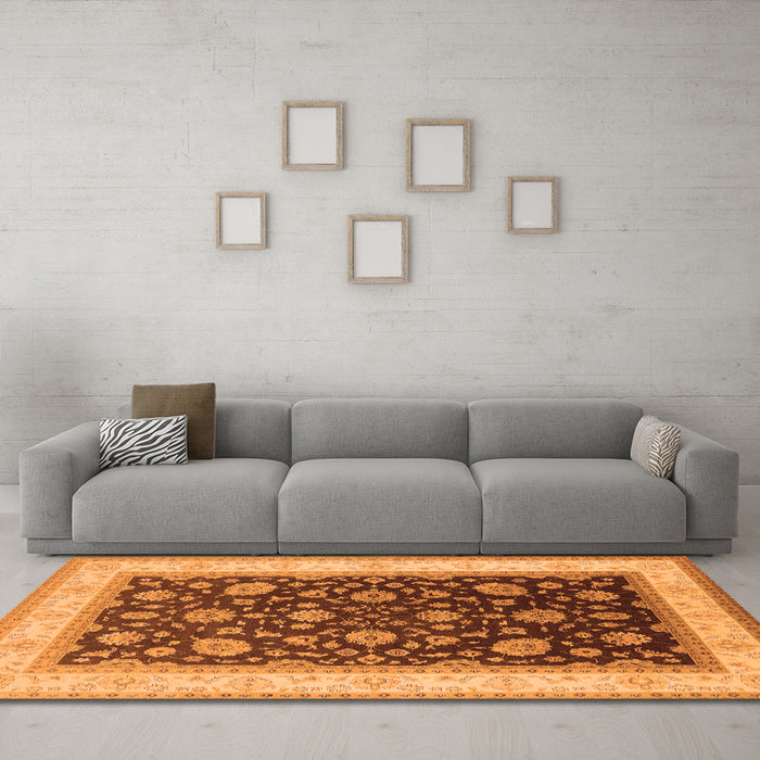 Machine Washable Oriental Orange Traditional Area Rugs in a Living Room, wshurb2022org