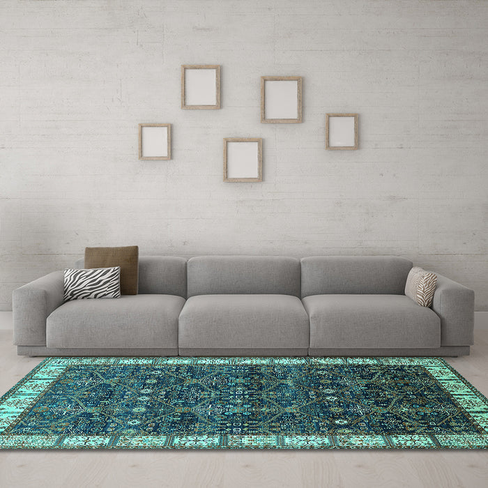 Machine Washable Oriental Turquoise Industrial Area Rugs in a Living Room,, wshurb2024turq