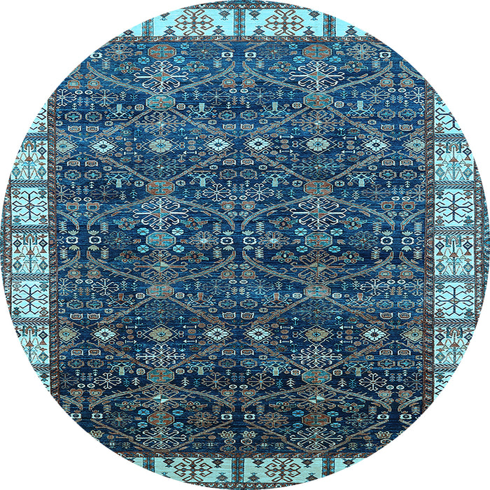 Round Machine Washable Oriental Light Blue Industrial Rug, wshurb2024lblu