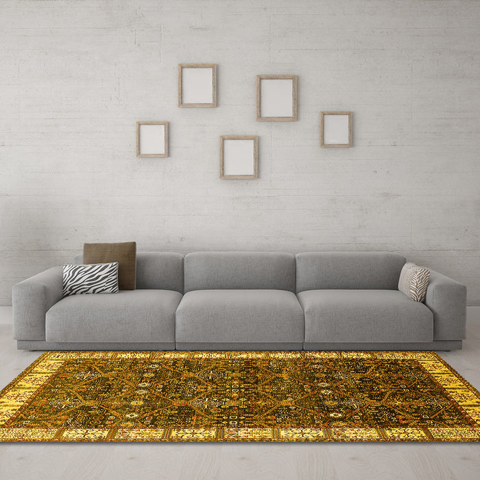 Machine Washable Oriental Yellow Industrial Rug in a Living Room, wshurb2024yw